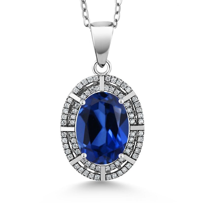 Gem Stone King 5-10 Cttw Two Row Halo Pendant Necklace for Women | 925 Sterling Silver | 14X10MM Oval Gemstone Birthstone | With 18 Inch Silver Chain | Fine Jewelry Gifts for Her Mom Women Wife - Image 1